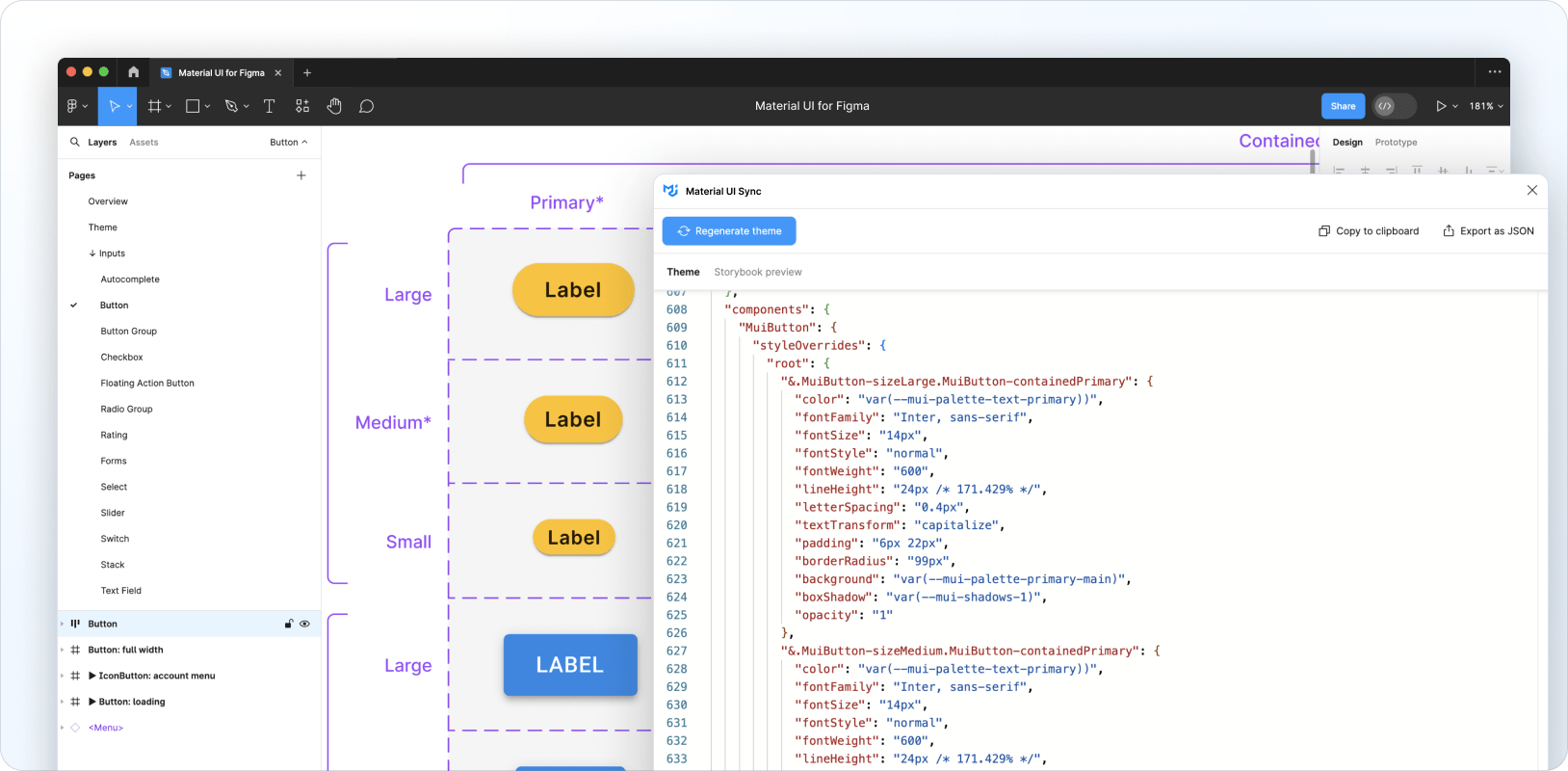 Customizing the Material UI Switch component in Figma with the Sync plugin running.